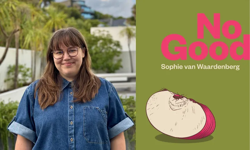 A colour photograph of poet Sophie van Waardenberg, who is a young woman with brown hair. She is wearing a denim shirt. Beside the photo is the cover of van Waardenberg's book which is khaki green and shows a piece of apple with a fly on it (a drawing).