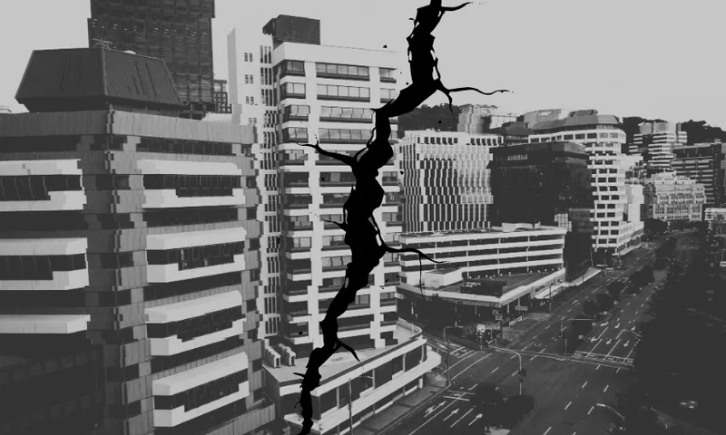 A black-and-white image of a cityscape with tall buildings and empty streets, featuring a large jagged crack digitally superimposed vertically through the center of the scene.