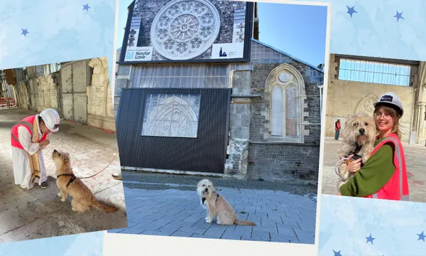A collage of images including a chaplain and a terrier dog, a dog in front of the cathedral and a dog inside the cathedral
