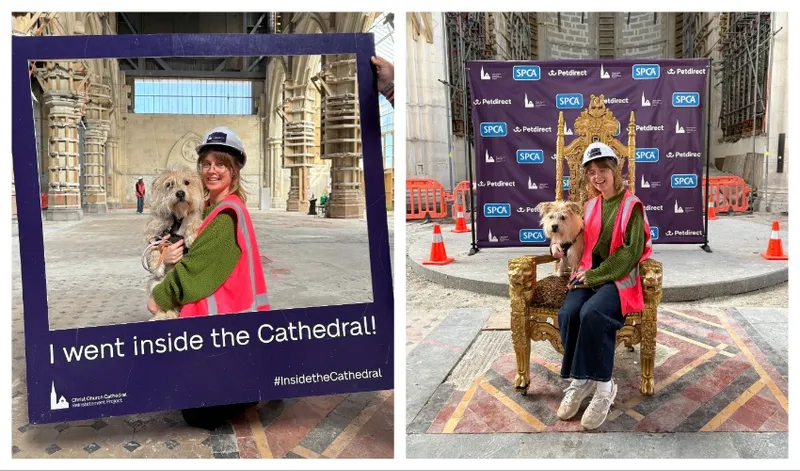 Two composite images of Maggie in a frame that says 'I went inside the cathedral' and sitting on a golden throne.