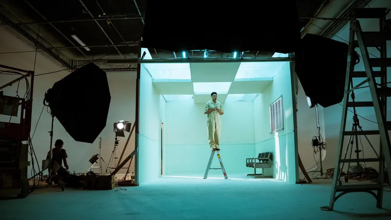 A person in light-coloured clothing stands on a ladder inside a brightly lit, blue-tinted room, surrounded by lighting equipment and ladders in a studio setting.