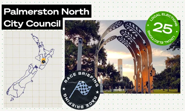 a dotted background, with a photo of The Square in palmy (a metal sculpture and the clocktower) and Palmy marked on an NZ map