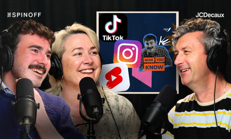 Three people wearing headphones (Robbie Nicol, Anna Rawhiti-Connell and Duncan Greive) and speaking into microphones smile during a podcast recording. Behind them is a collage featuring TikTok, Instagram, and YouTube Shorts logos, along with various graphics and logos.