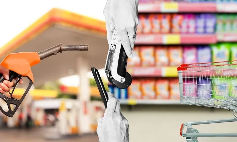 An image of a gas station alongside an image of a grocery aisle, with a hand using contactless payment on an Eftpos machine splitting the two photos.