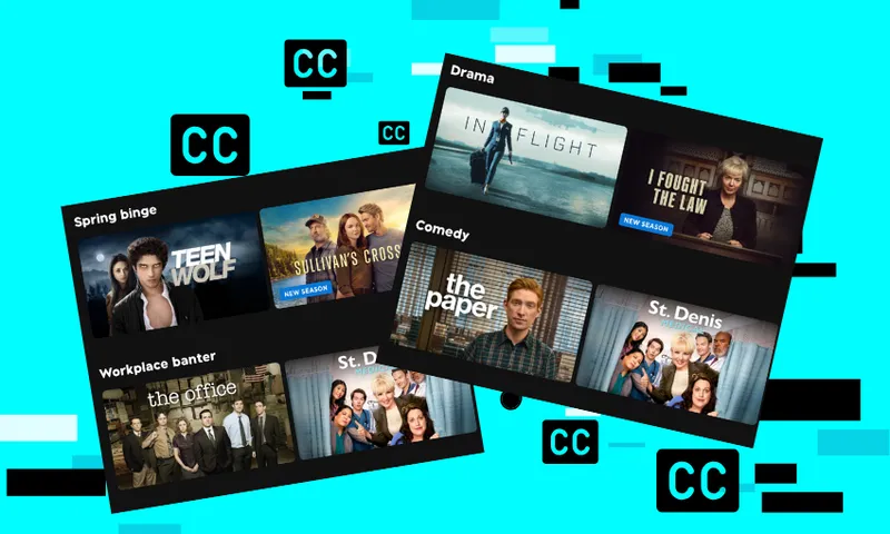 A blue background with screenshots of the TVNZ+ landing page, scattered with CC logos for closed captions