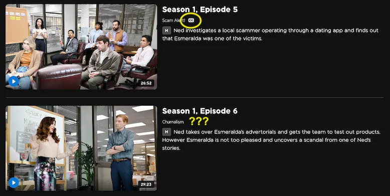 A screenshot of The Paper episode summary on TVNZ, with a yellow circle highlighting the closed caption logo and then yellow question marks on the following episode.