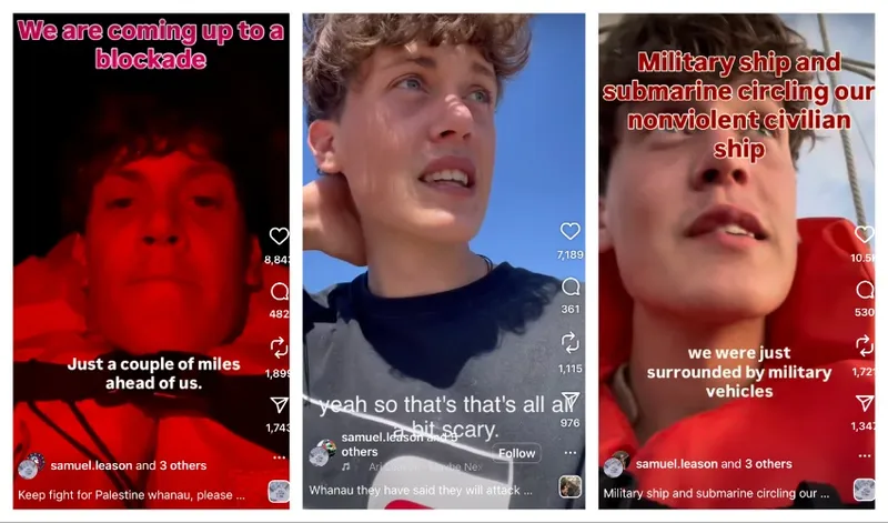 A collage of screenshots of Samuel Leason's reels on instagram, explaining being surrounded by military vessels