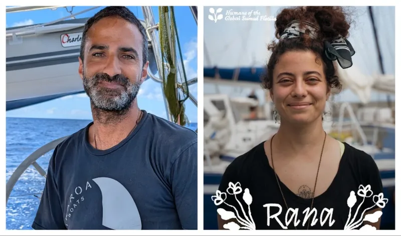 Two composite images, on the left is Youssef Sammour smiling on a yacht at sea and on the right is Rana Hamida smiling on a dock