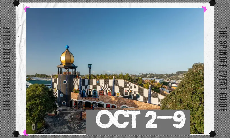 A photograph of the Hundertwasser Centre showing the building from an elevated vantage point. There is a fine sky above it.