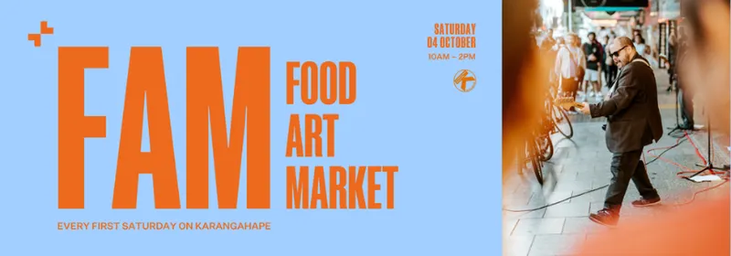 A promotional image for the FAM markets which has a photo of a man playing music on the street, and large red lettering with a light blue background.