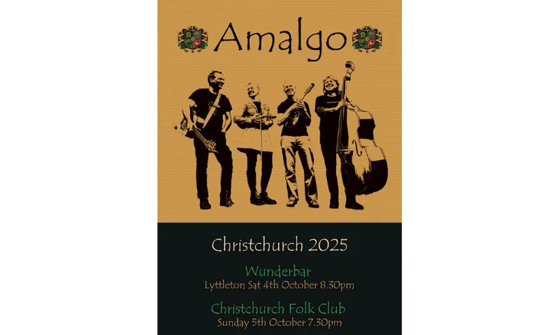 A poster for the band Amalgo which shows a black sketch of the four musicians with their instruments against an ochre background.