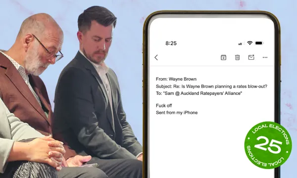 Three people sit in a row, looking down at their phones. An enlarged phone screen shows an email with strong language from Wayne Brown to Sam, alongside a green “Local Elections '25” sticker in the corner.