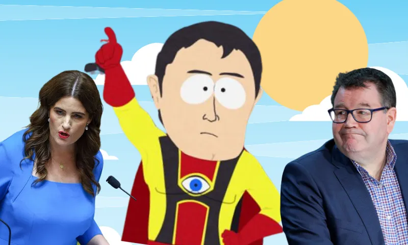 A woman in blue and a man in glasses flank a cartoon superhero with an all-seeing eye on his chest, set against a sunny, blue sky with clouds.