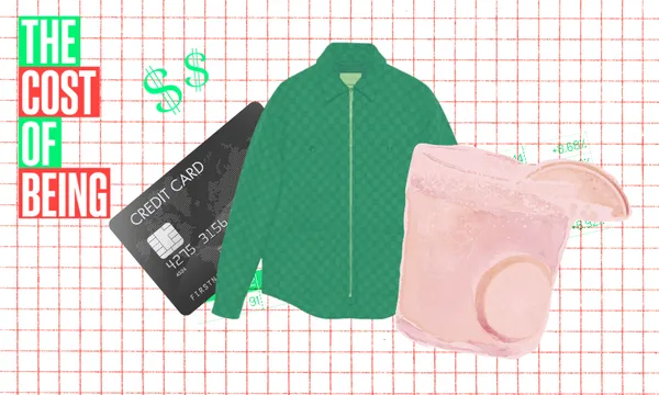 a credit card, a winter jacket and a cocktail overlaid on a grid background