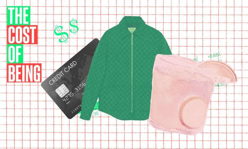 a credit card, a winter jacket and a cocktail overlaid on a grid background