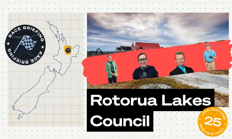 A collage featuring a map of New Zealand highlighting Rotorua, a circular "Race Briefing" logo, a photo of four smiling people in front of a Rotorua landscape, and a "Rotorua Lakes Council" label with a "Local Elections 25" badge.