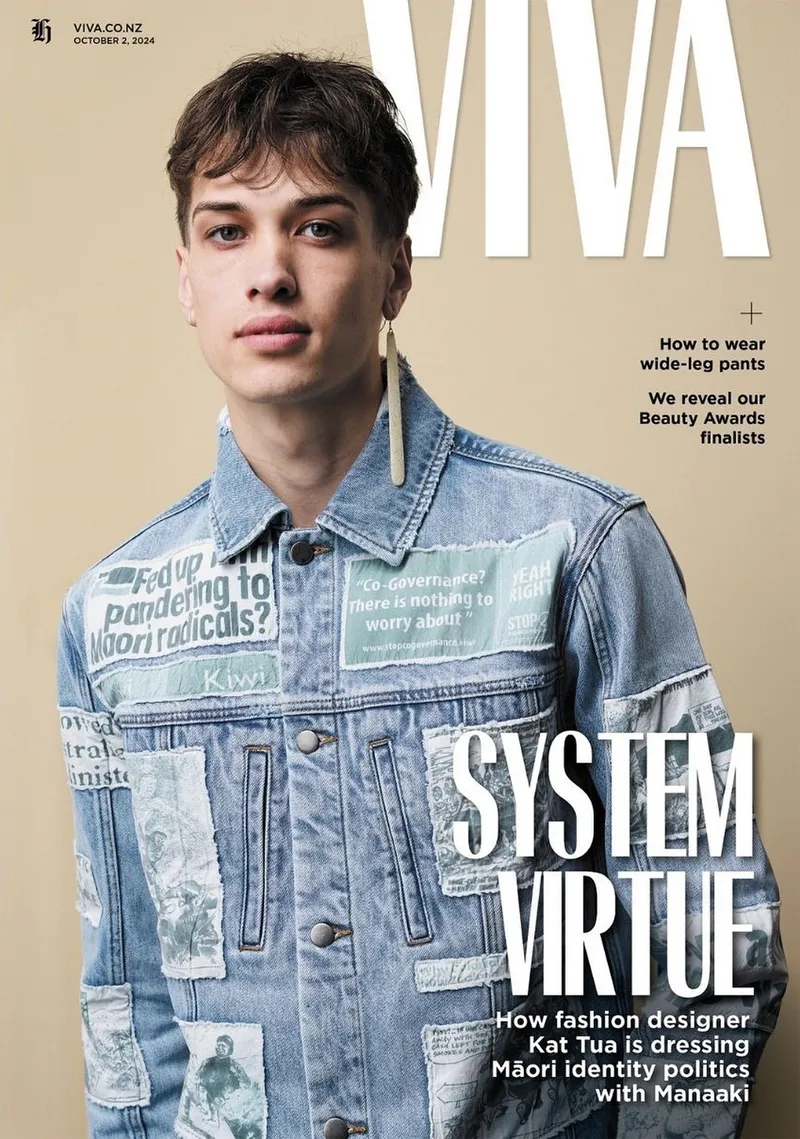 Ethan Crutchley wears a denim Manaaki jacket on the cover of Viva, styled by Dan Ahwa, photographed by Ant Low