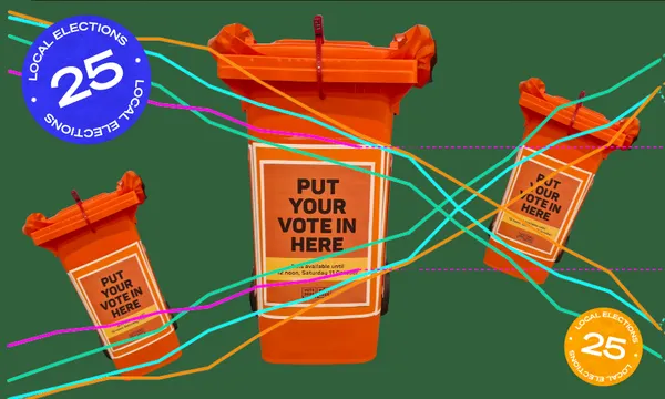 Four orange bins labeled "Put your vote in here" float against a green background, crossed by colorful lines and blue and orange circular "Local Elections 25" badges in the corners.