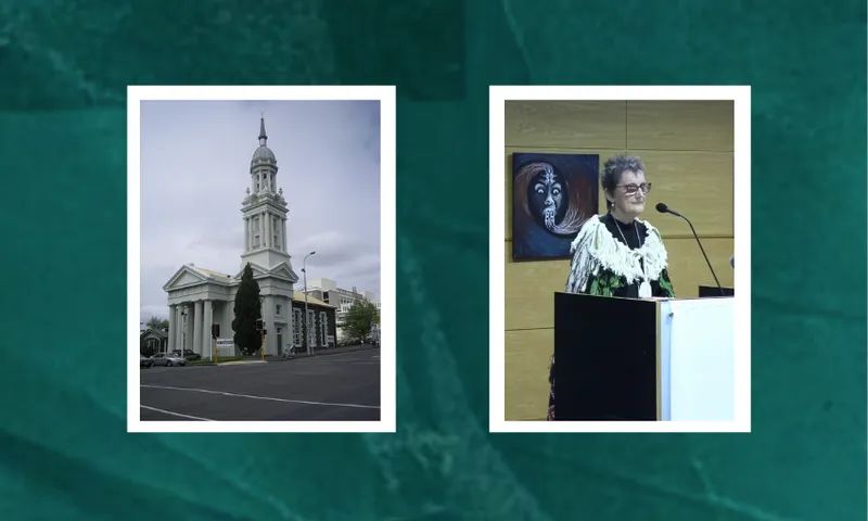 two images on a green textured background. on the left, a grand church with steeple, and on the right, a woman wearing a korowai and speaking at a lectern