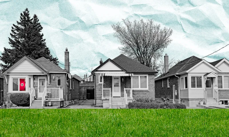 A greyscale neighbourhood with one window displaying a Nazi flag