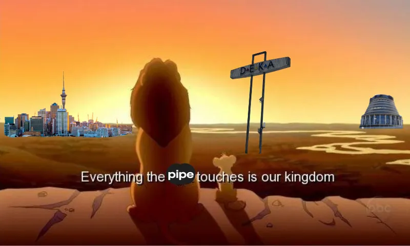 Simba and Mufasa from The Lion King overlook a savanna with New Zealand landmarks, a DEKA sign, and the text “Everything the pipe touches is our kingdom”; the word "pipe" is edited in a different font.