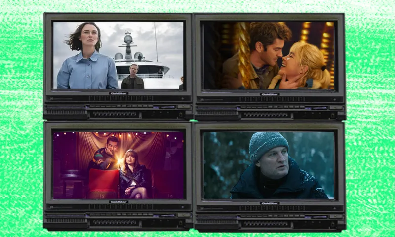 A lime green background with four television screens featuring the latest releases of the week