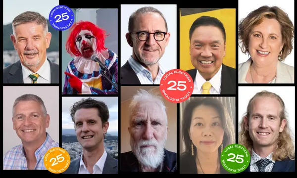 A collage of ten people, mostly in professional attire, with three colorful "Local Elections 25" badges; one person is dressed as a clown with red hair and white face paint.
