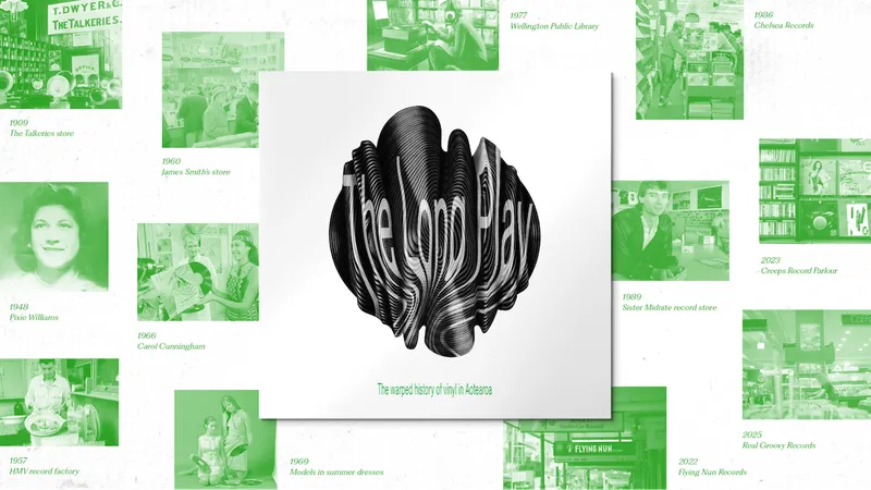 A wavy black-and-white graphic with the words "The Long Play" is centered over a collage of green-tinted, vintage photos showing people in record stores and music shops from different decades.