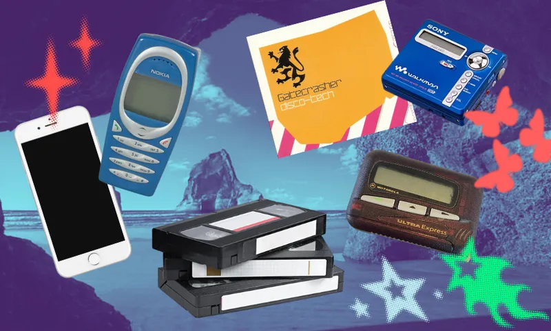 A collage featuring a Nokia phone, portable Sony CD player, white smartphone, Gatecrasher disc, stack of VHS tapes, two vintage pagers, with colorful butterflies and stars on a beach cave background.