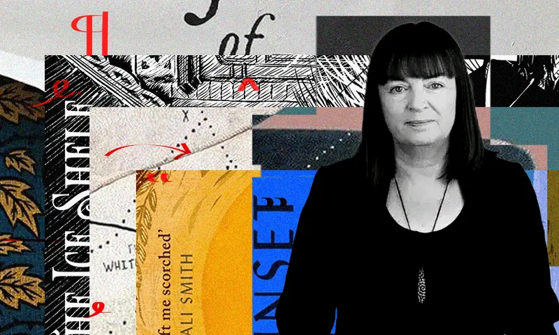 A black and white photo of author Wendy Parkins who is a middle aged woman with straight dark hair and a fringe. Behind her is a collage of book covers.