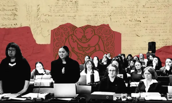 A group of women, some standing and others seated at desks with laptops, appear in a collage-style courtroom scene. Behind them is a red Māori koru design and handwritten historical text on a beige background.