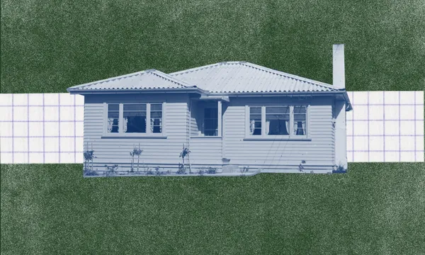 A blue-toned single-story house is centered on a green textured background with a white grid stripe running horizontally behind it.