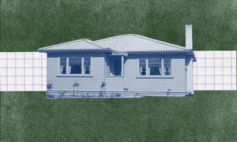 A blue-toned single-story house is centered on a green textured background with a white grid stripe running horizontally behind it.