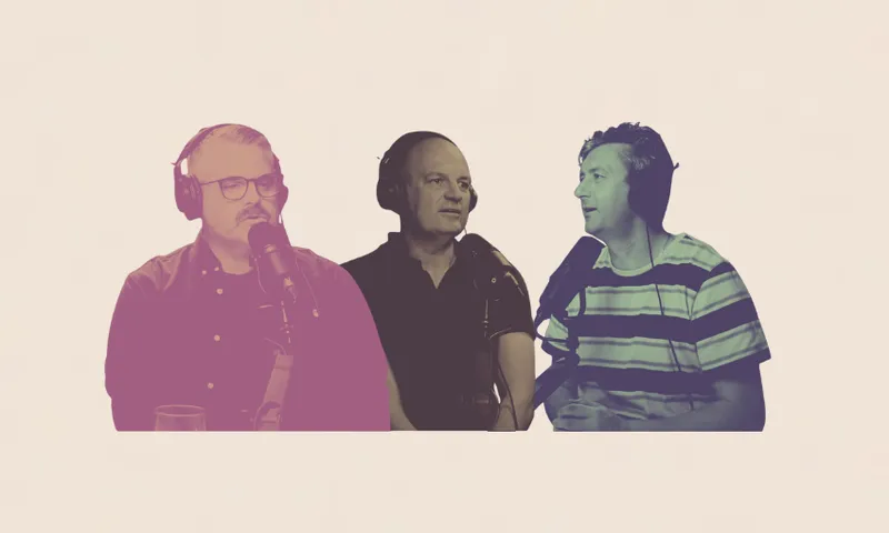 Three men wear headphones and speak into microphones as if recording a podcast. The image has a faded, color-tinted effect with each man shaded in different colors: pink, black and white, and teal.