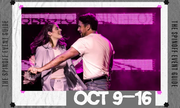 Inside The Spinoff Event Guide frame is a photo of two actors on stage, dancing. The stage is washed in pink light.