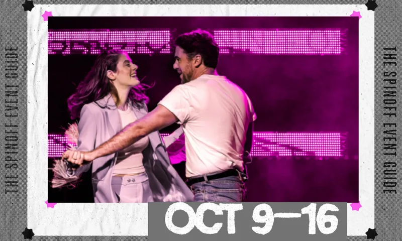 Inside The Spinoff Event Guide frame is a photo of two actors on stage, dancing. The stage is washed in pink light.