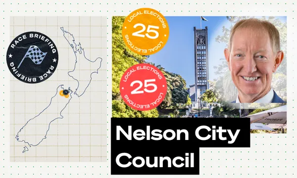 A graphic showing a map of New Zealand with Nelson highlighted, election badges with "25," a photo of a man, a tall clocktower, and the text "Nelson City Council" at the bottom.