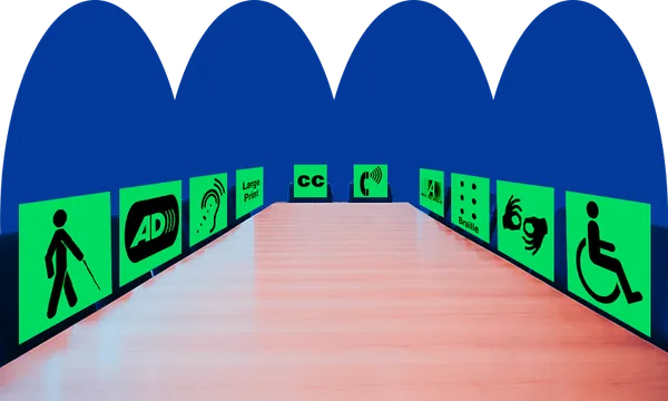a room with different accomodation signs on the wall, like sloced captioning and hearing aid loops