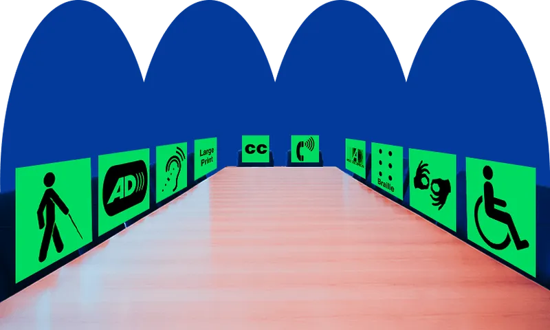 a room with different accomodation signs on the wall, like sloced captioning and hearing aid loops