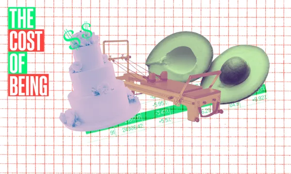 A collage with the words "THE COST OF BEING" on the left, a tiered cake with dollar signs, a mechanized slicer, and two avocado halves, all set against a grid background with green price tags.