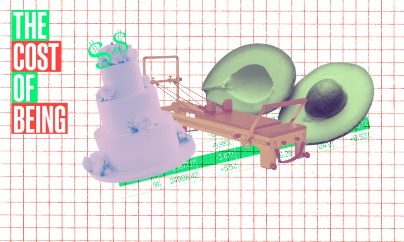 A collage with the words "THE COST OF BEING" on the left, a tiered cake with dollar signs, a mechanized slicer, and two avocado halves, all set against a grid background with green price tags.