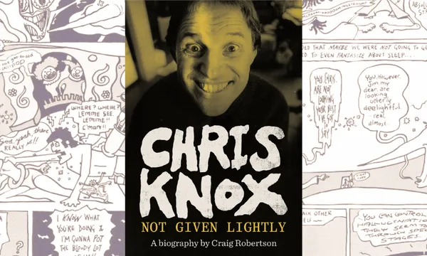 The cover of the Chris Knox biography called Not Given Lightly. It shows Chris Knox's face smiling in sepia tones. In the background is a Chris Knox comic.