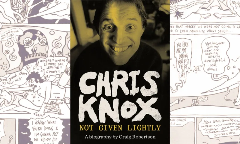 The cover of the Chris Knox biography called Not Given Lightly. It shows Chris Knox's face smiling in sepia tones. In the background is a Chris Knox comic.