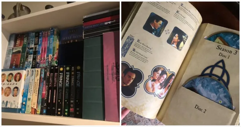 On the left, a bookshelf filled with TV series boxsets on DVD. On the right, a Charmed DVD boxset that looks like a book