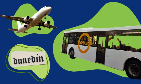 A collag of a plane, a Dunedin bus and a sign of Dunedin