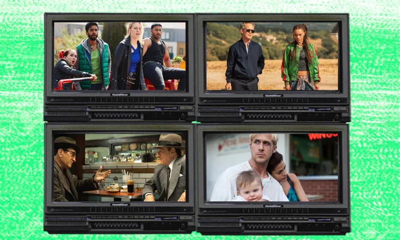 A lime green background with four TV screens showing the latest streaming releases