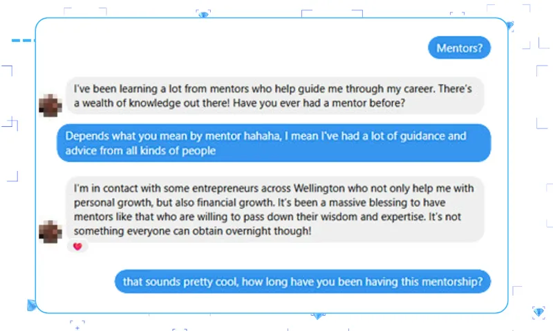 a text conversation with blue and grey text bubbles showing someone describing a mentorship and business opportunities to a curious stranger
