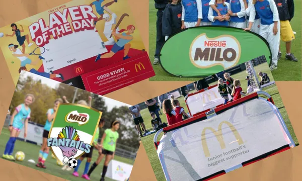 A collection of advertisements for Milo and McDonald's presented in kids' sports environments