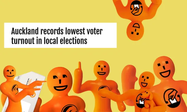 Six orange cartoon figures with voting symbols make various gestures around a headline that reads, “Auckland records lowest voter turnout in local elections,” on a yellow background. One figure holds a voting paper.