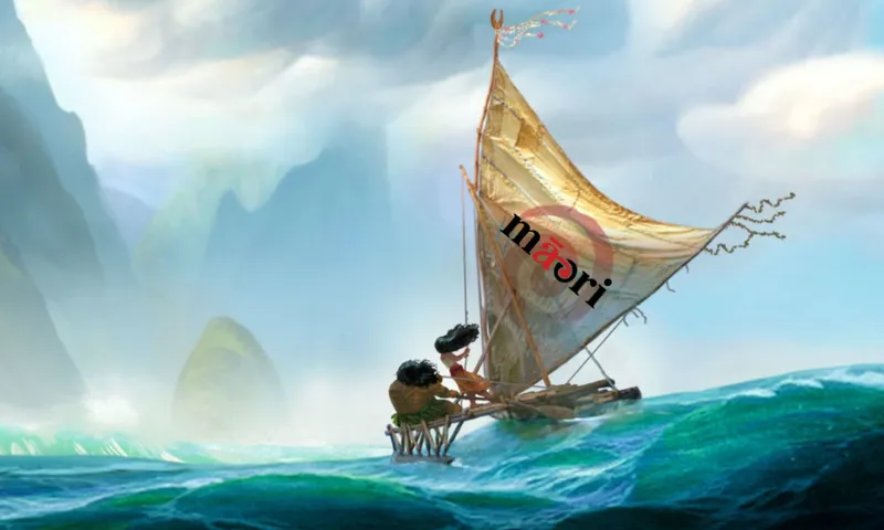 Two animated characters sail a small wooden boat with a tan sail marked "māori" across vivid blue waves, with tall misty mountains and a partly cloudy sky in the background.